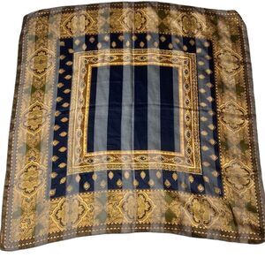 Liz claiborne brown and blue striped and patterned 100% polyester square scarf